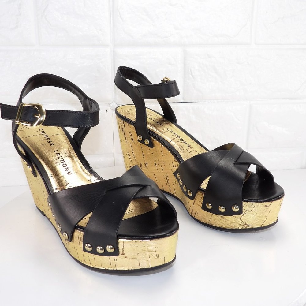Chinese Laundry Black Vegan Leather Wedge Sandals